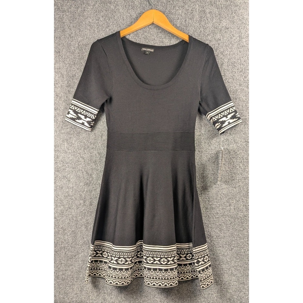 Nina Leonard Ribbed Fit & Flare‎ Sweater Dress Black Floral Short Sleeve Sm NWT